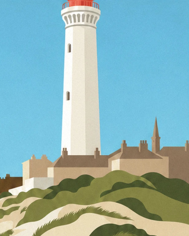 Le phare blanc à lanterne rouge, au-dessus des maisons de brique et des dunes