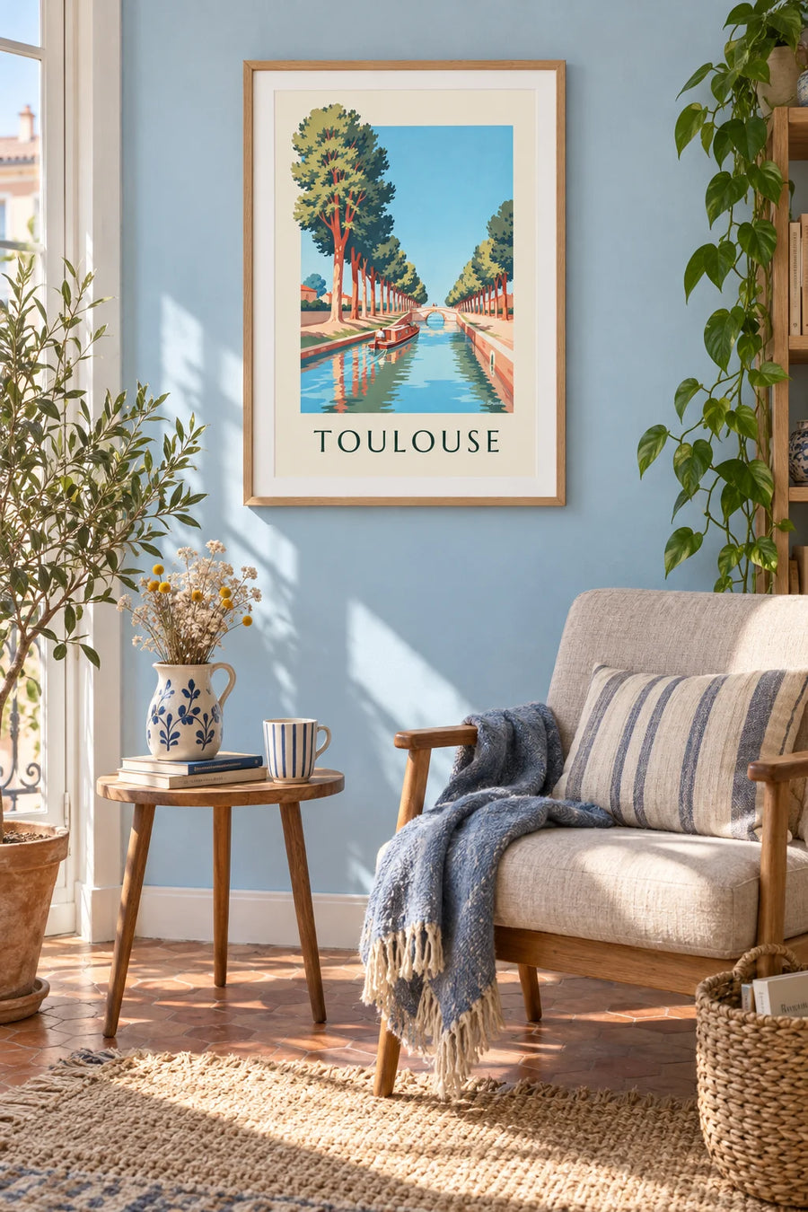 Poster of a boat on the Canal du Midi lined with plane trees in Toulouse: framed on the wall