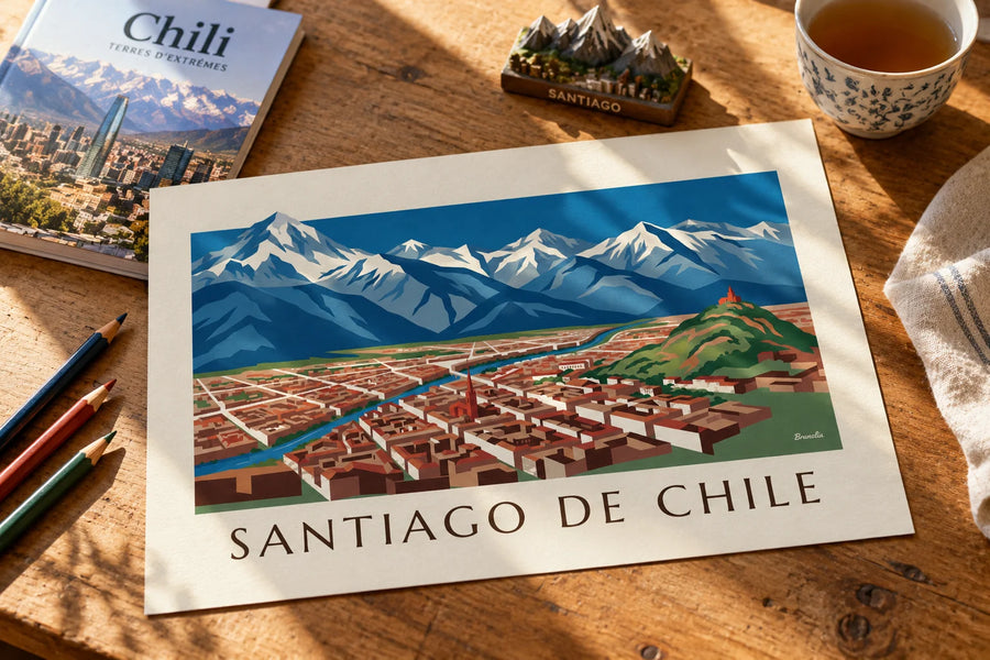 Póster mapa ilustrado de Santiago de Chile y los Andes: apoyado sobre una mesa