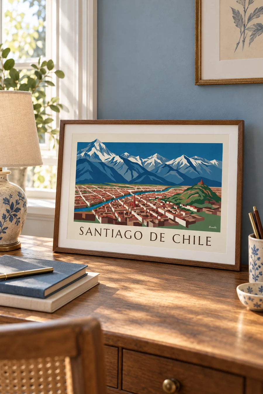 Póster de mapa ilustrado de Santiago de Chile y los Andes: formato pequeño A4 enmarcado