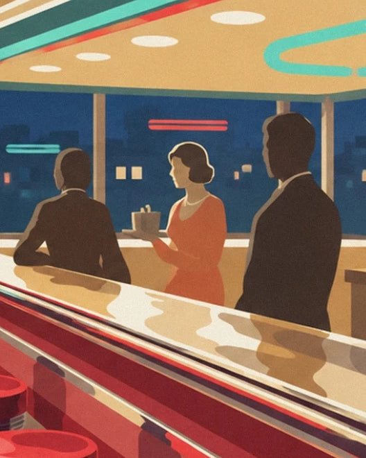 A waitress in a red dress holding a tray between 2 men at the diner counter