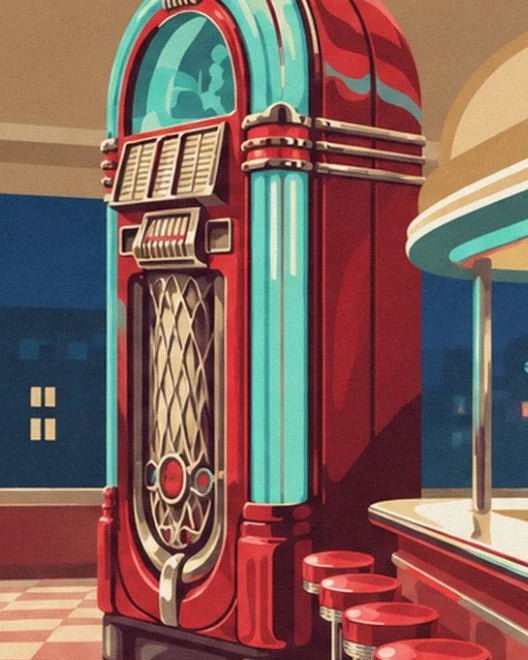 The red jukebox with glowing turquoise columns and a silver grille
