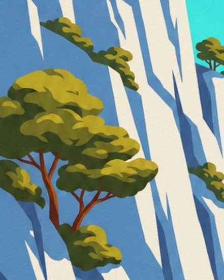 Pine trees with russet trunks and green foliage clinging to the white cliffs