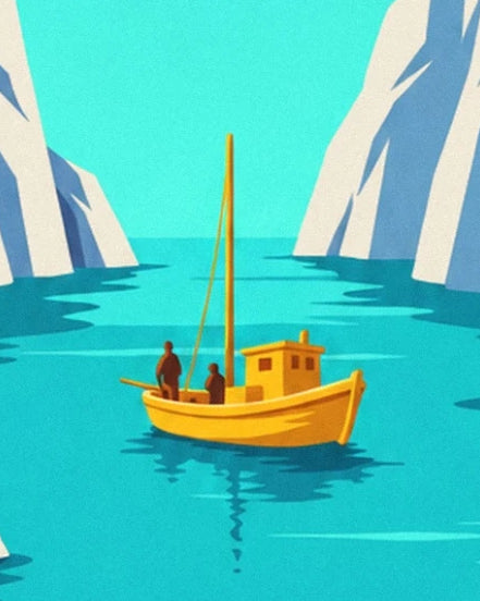 The yellow boat and its 2 figures on the turquoise water of the calanque de Cassis