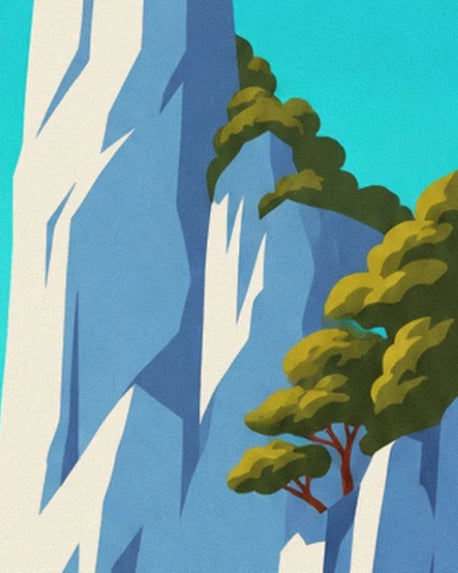 White and blue rock faces dotted with pines with olive-green foliage