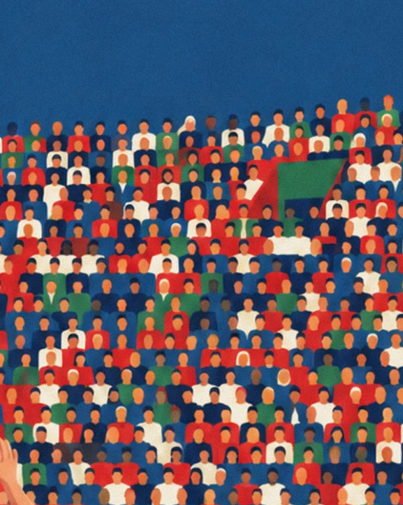 The crowd in the stands in red, blue, green and white beneath a midnight blue sky