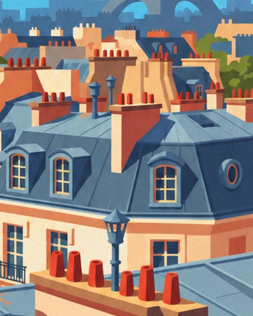 The blue zinc rooftops of Paris, their dormer windows, a street lamp and red chimneys