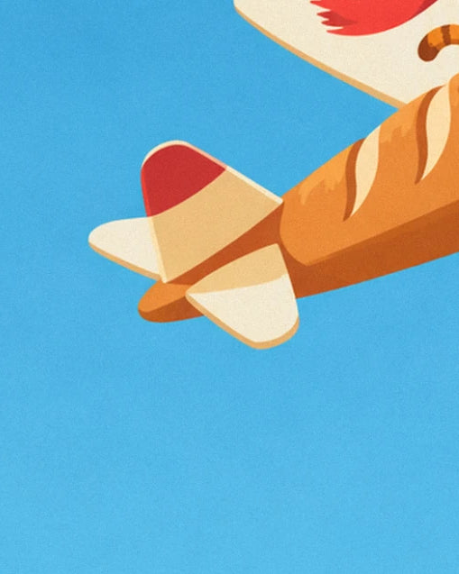 The tail of the baguette plane, with a red fin and cream tailplanes, against the blue sky