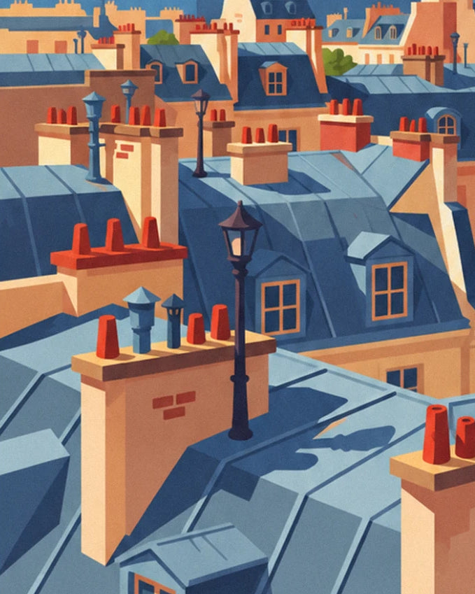Chimneys with red pots, dormer windows and a black street lamp above the blue zinc rooftops of Paris