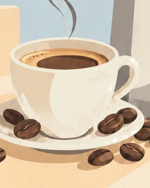 Una taza blanca de espresso humeante sobre su platillo, rodeada de granos de café