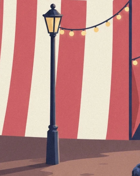 A dark street lamp and a string of lights in front of the striped canvas of the big top