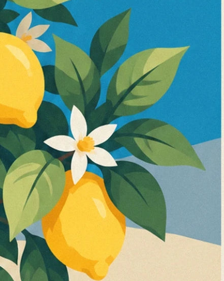 Une fleur blanche de citronnier au-dessus d'un citron, entre les feuilles vertes