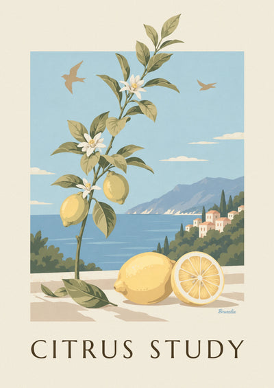 Póster de lámina botánica de limones, fruto, hojas y flores: el póster completo