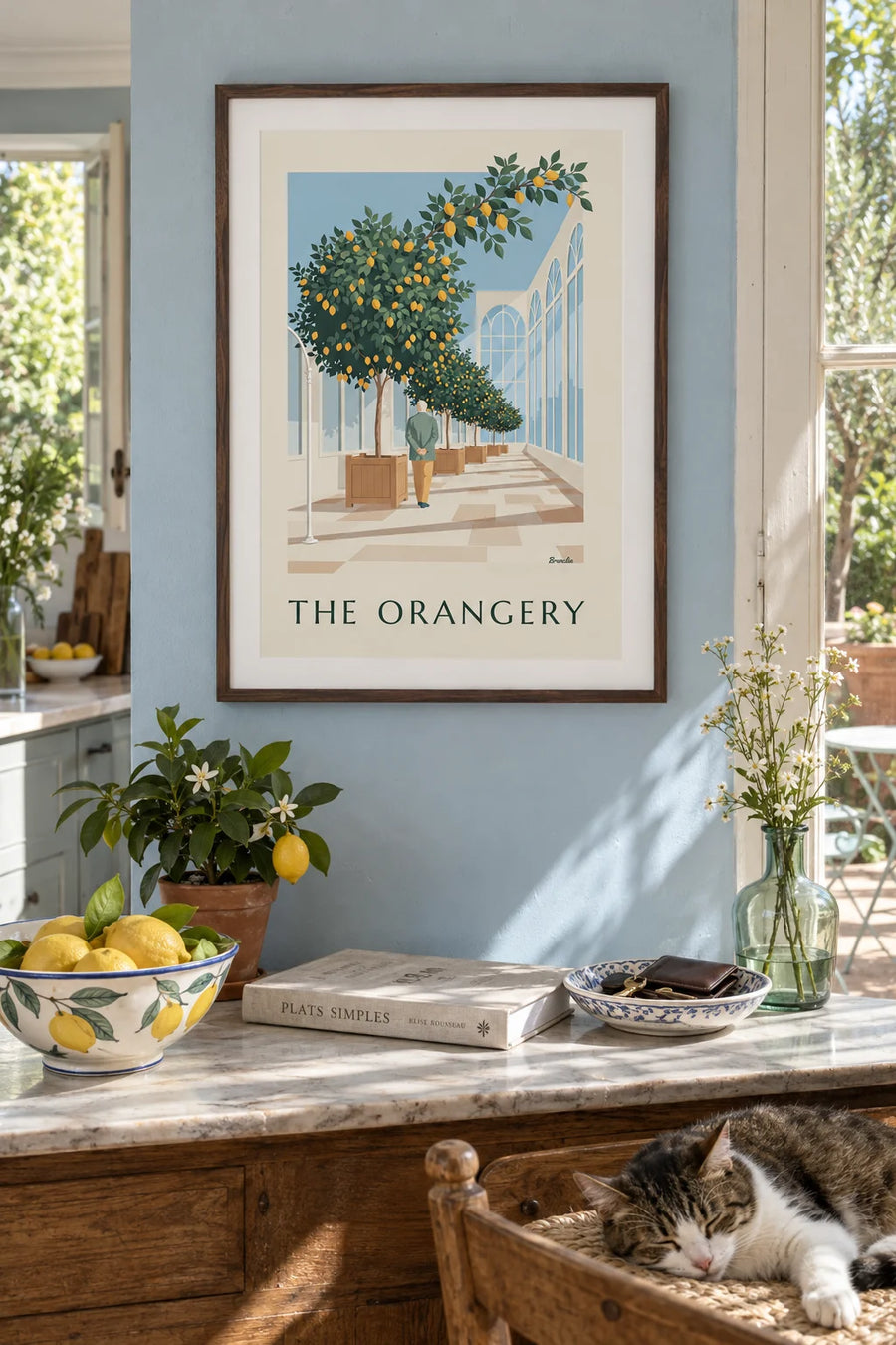 Affiche citronniers en caisses dans une orangerie vitrée : encadrée au mur