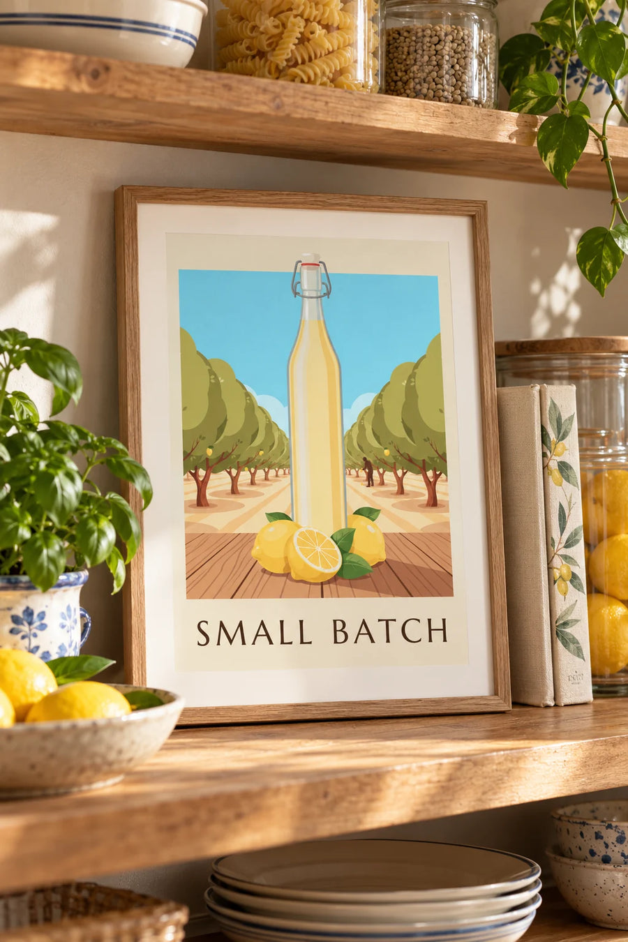 Póster de una botella de limonada artesanal y limones: formato pequeño A4 enmarcado