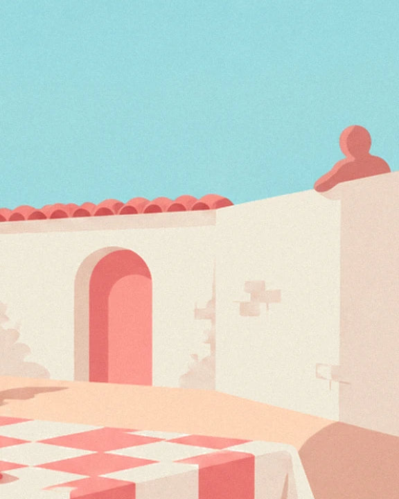 Le mur blanc à la porte en arc rose, sous les tuiles, au bord de la nappe à carreaux