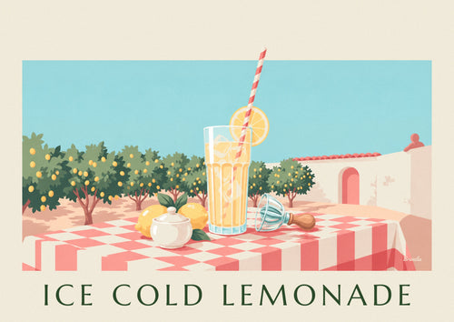 Affiche verre de citronnade glacée sur une terrasse de village : l'affiche entière