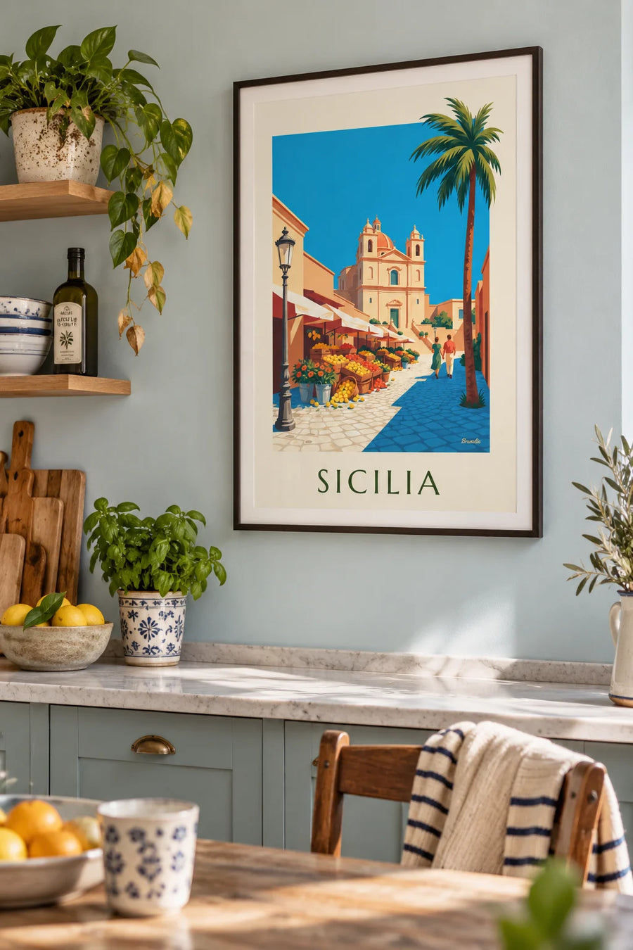 Poster of a Sicilian market with lemons, oranges and flowers: framed on the wall