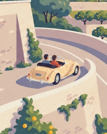 The 2 passengers in the yellow convertible on a bend lined with pale walls