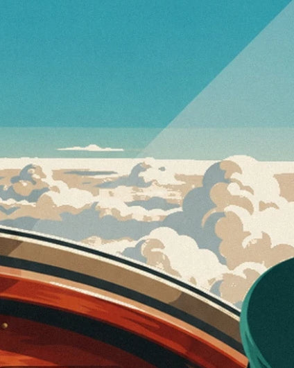 Les nuages crème sous le ciel turquoise, au-dessus du rebord courbe du cockpit