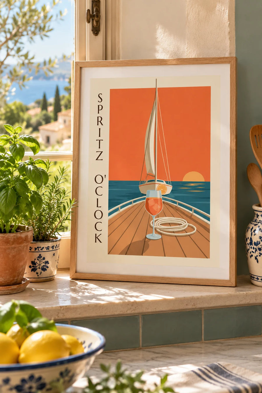 Póster de spritz en la cubierta de un velero al atardecer: formato pequeño A4 enmarcado