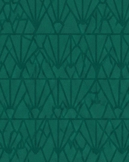 The green living room wallpaper with its interwoven dark geometric patterns