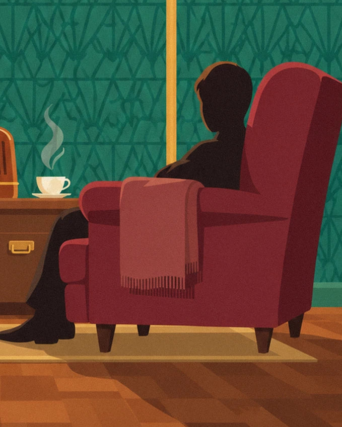 A figure sitting in a red armchair, with a fringed throw over the armrest