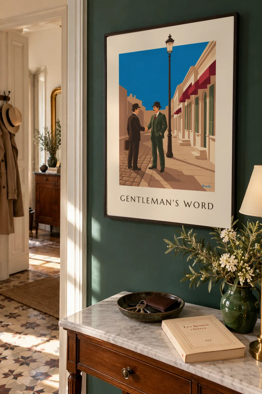 Poster of a mustachioed man in a bowler hat holding a sign: framed on the wall