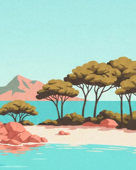 The tall pine trees beside the beach, with pink mountains on the horizon