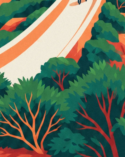 The pale path winding along the hillside, among green bushes and red branches