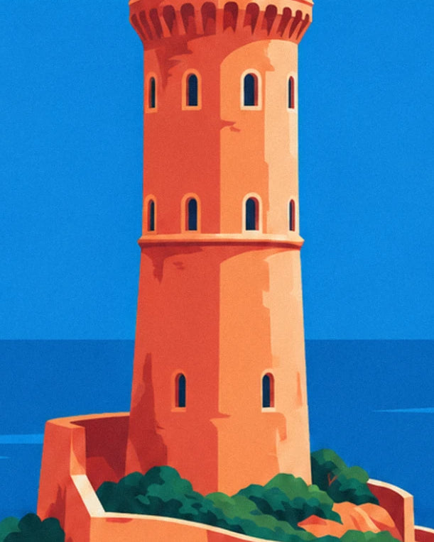 The ochre tower with battlements and arched windows, beside the blue sea