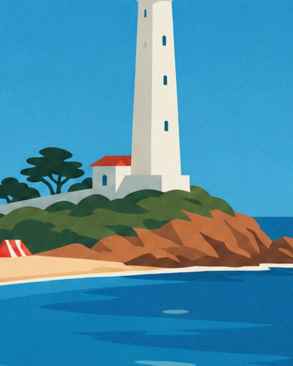 The white lighthouse with a red roof, perched on its rocky headland above the blue water