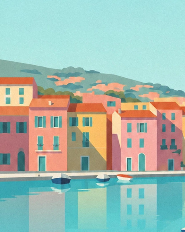 Les maisons roses et jaunes du port, leurs reflets turquoise et les petites barques