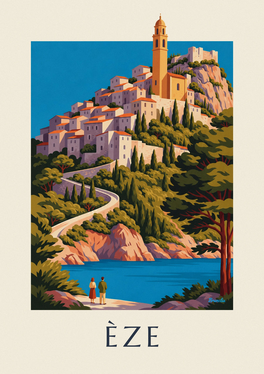 Póster pueblo encaramado de Èze sobre el Mediterráneo