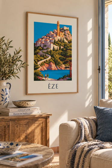 Affiche village perché d'Èze au-dessus de la Méditerranée : encadrée au mur
