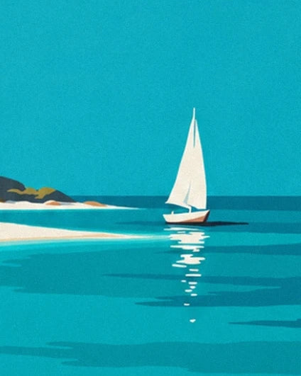 Le voilier blanc sur la mer turquoise, avec son reflet lumineux près du rivage