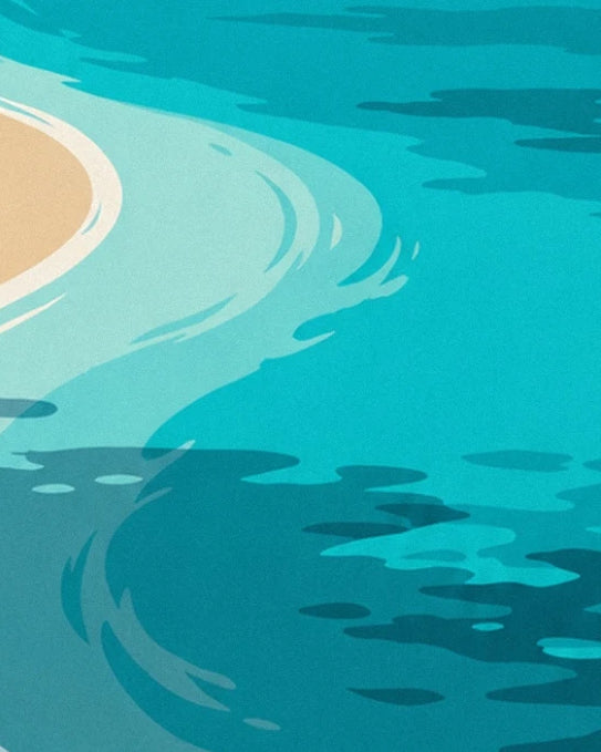 Les courbes du rivage blond bordées d’eau turquoise et d’ombres bleu profond