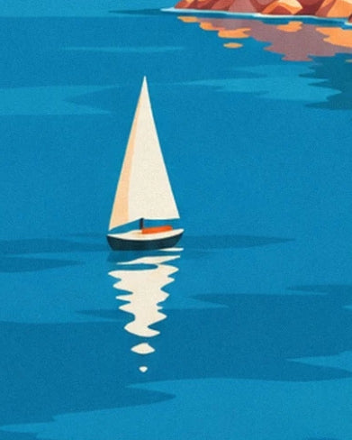 A sailing boat with a white sail and its bright reflection on the turquoise water