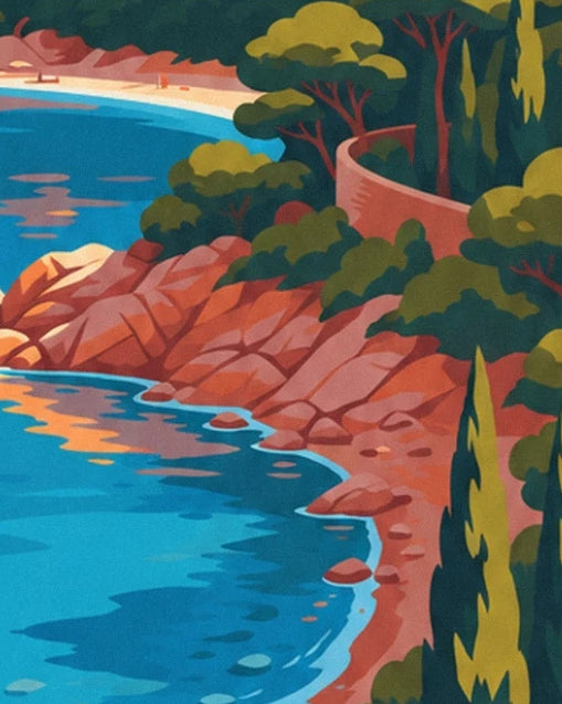 The bay’s pink rocks among turquoise water, pine trees and a curved stone wall