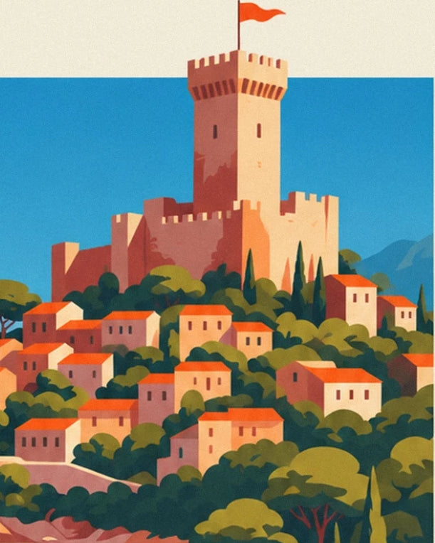 The crenellated castle and its red flag above the houses with orange roofs