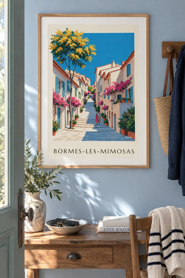Poster of a flowered lane in Bormes-les-Mimosas with yellow mimosa: framed on the wall