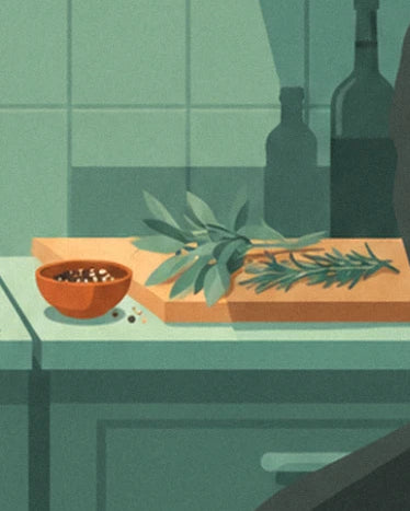Les herbes sur la planche en bois, près du bol de grains et des bouteilles sombres