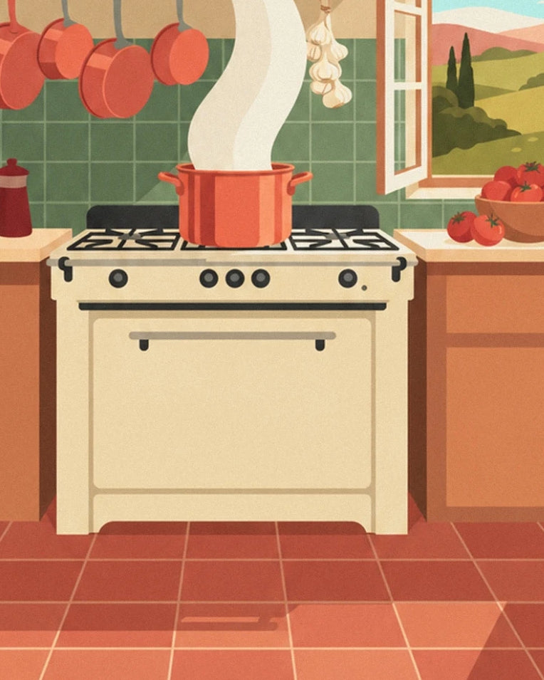 Póster cocina del Sur, ratatouille y cazos de cobre: detalle en primer plano