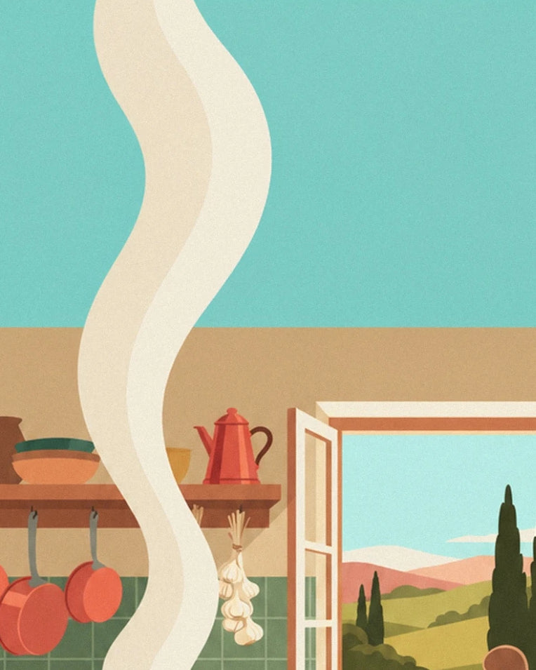 Póster cocina del Sur, ratatouille y cazos de cobre: detalle en primer plano