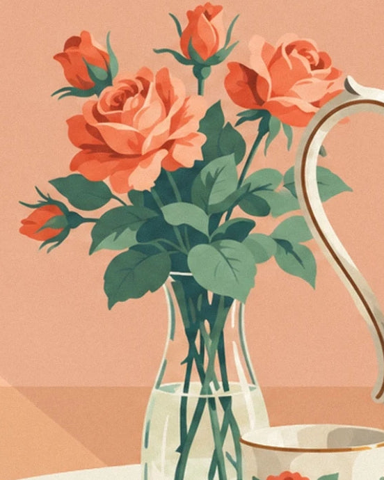 The bouquet of orange roses with green foliage in a clear vase