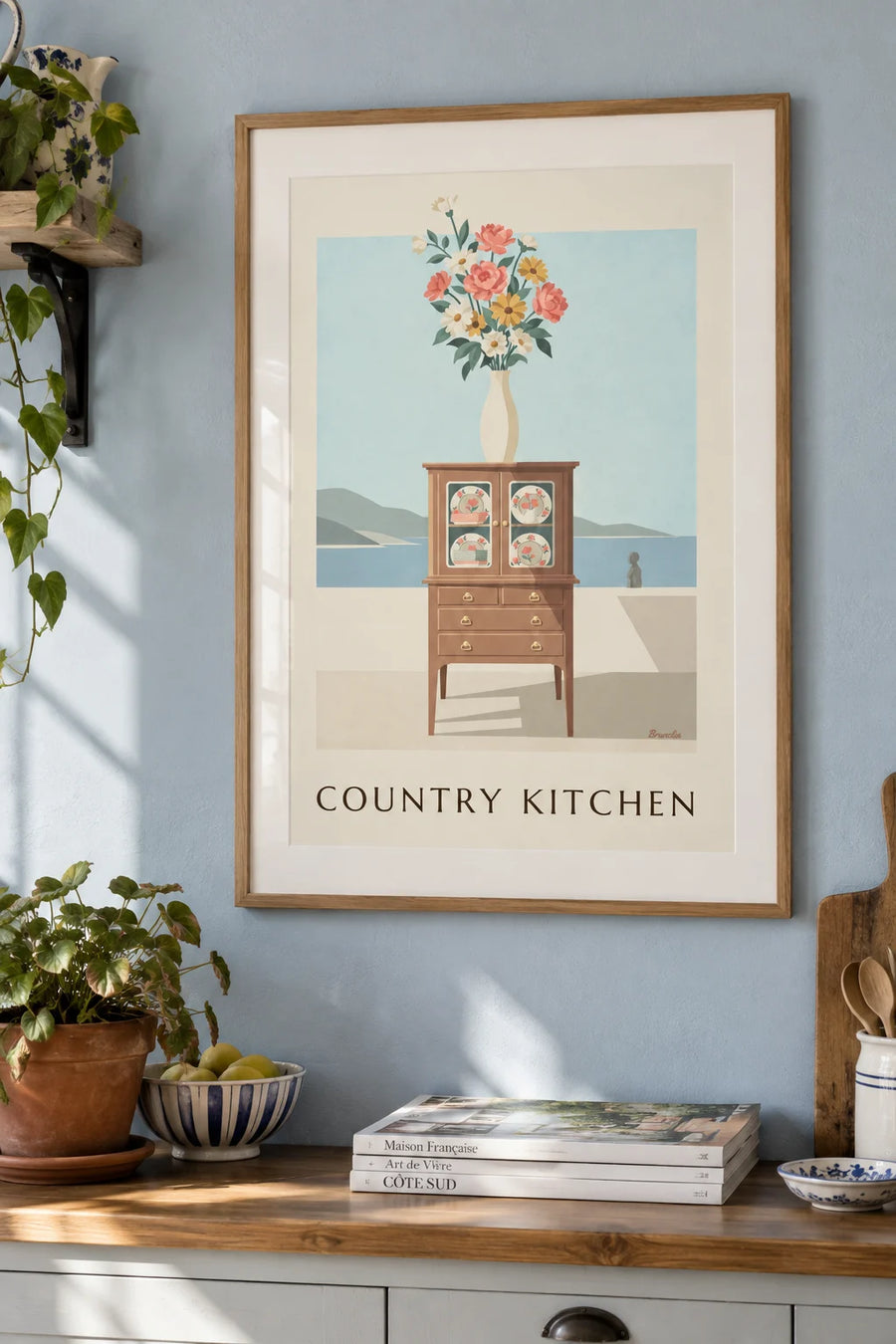 Poster of a wooden kitchen dresser, plates and floral patterns: framed on the wall