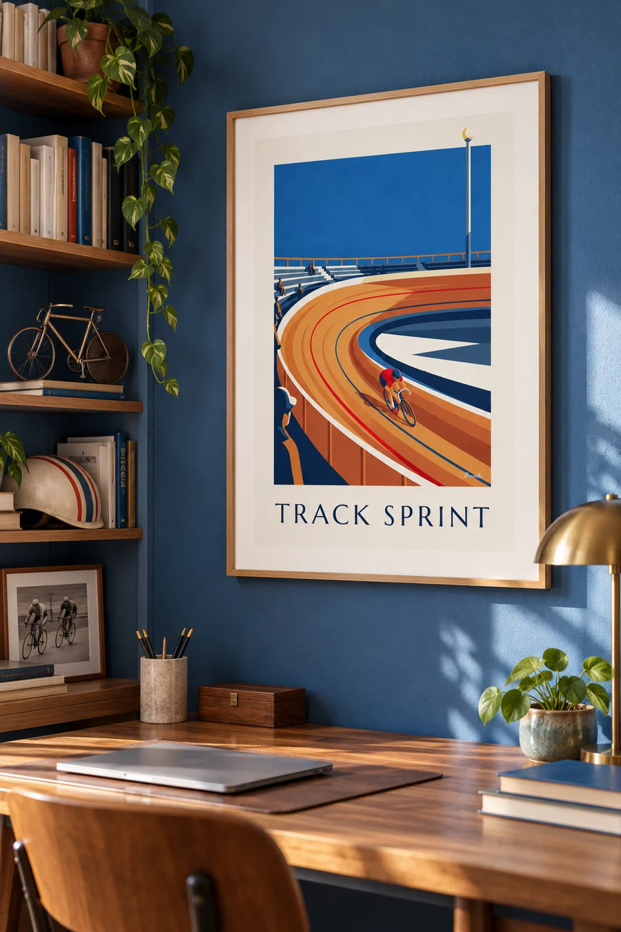 Affiche cycliste sur la piste d'un vélodrome en bois : encadrée au mur