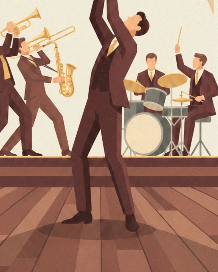 Swing dancing couple in a ballroom poster: close-up detail