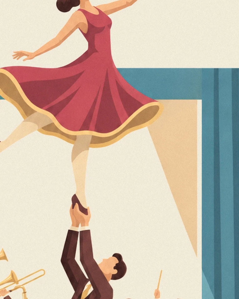 Swing dancing couple in a ballroom poster: close-up detail