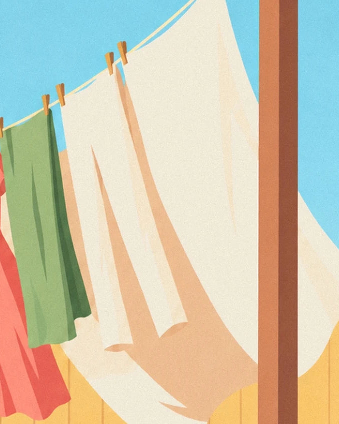 White sheets billowing in the wind between clothes pegs and a wooden post